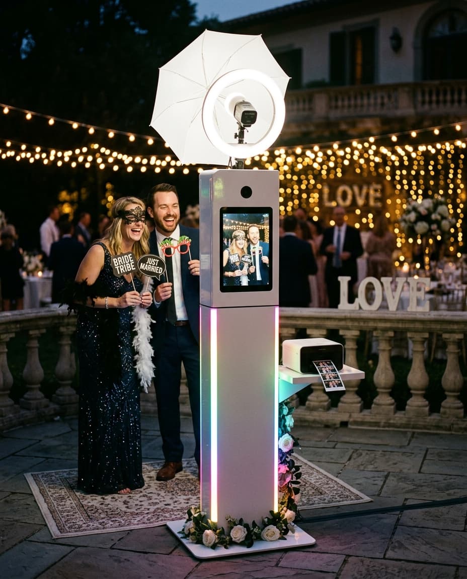 Photobooth station set up at an event, with ring light and printer